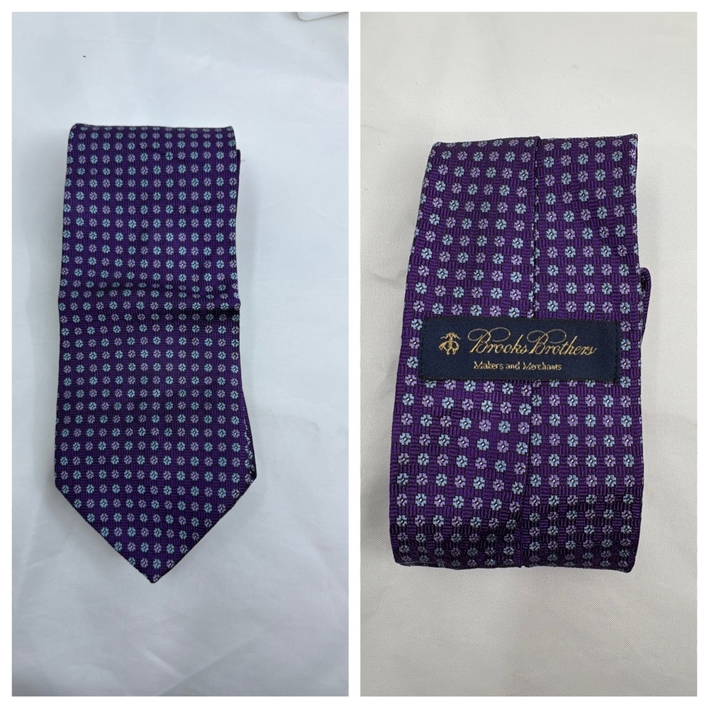 BROOKS BROTHERS Makers Purple W/Silver Blue Flowers Silk Tie Made In Italy